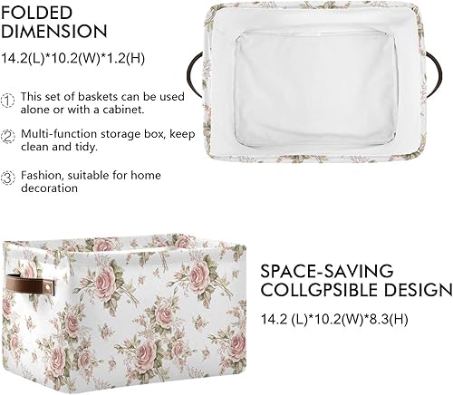 Miniatura 3 de ALAZA Caja de almacenamiento plegable con hojas de rosas rosadas, canastas organizadoras con asas para estantes, armario, sala de estar, dormitorio,