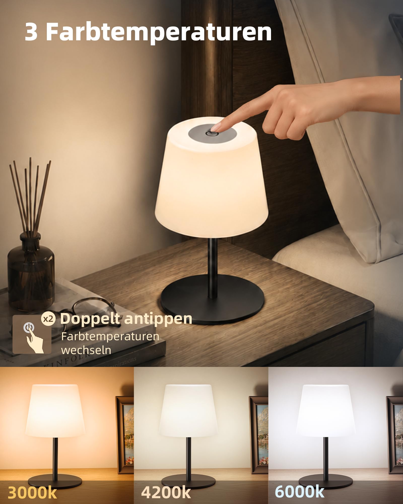 EZVALO Lampe de Chevet Sans Fil Tactile, Lampe de Table LED Rechargeable USB-C, Batterie 4500 mAh, Luminosité Réglable, 3 Couleurs, Lampe Portable pour Chambre, Salon, Extérieur (Noir, 1 Pièce)