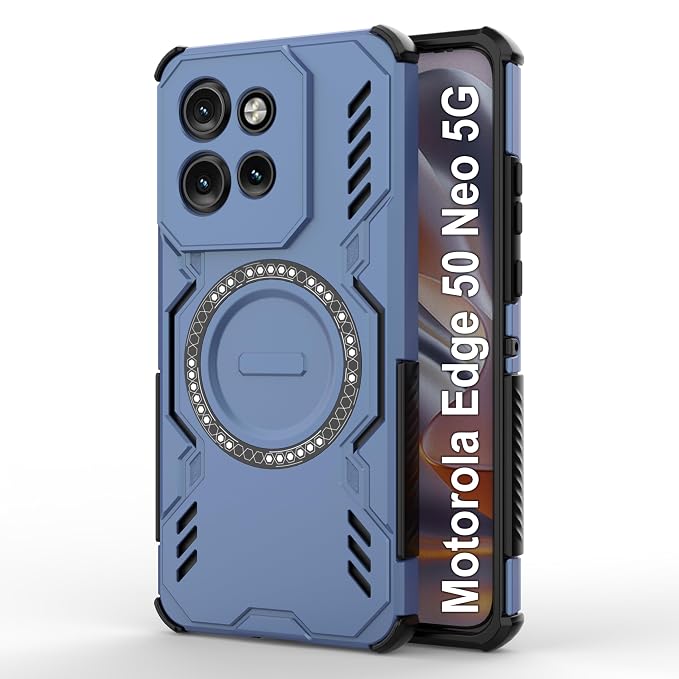 amazon basics Back Case Cover for Motorola Edge 50 Neo 5G | Magnetic Case with Built-in Metal Ring | Supports Mag-Safe Charger, Wallet & Car Mount | Shockproof Hybrid PC + TPU | Blue