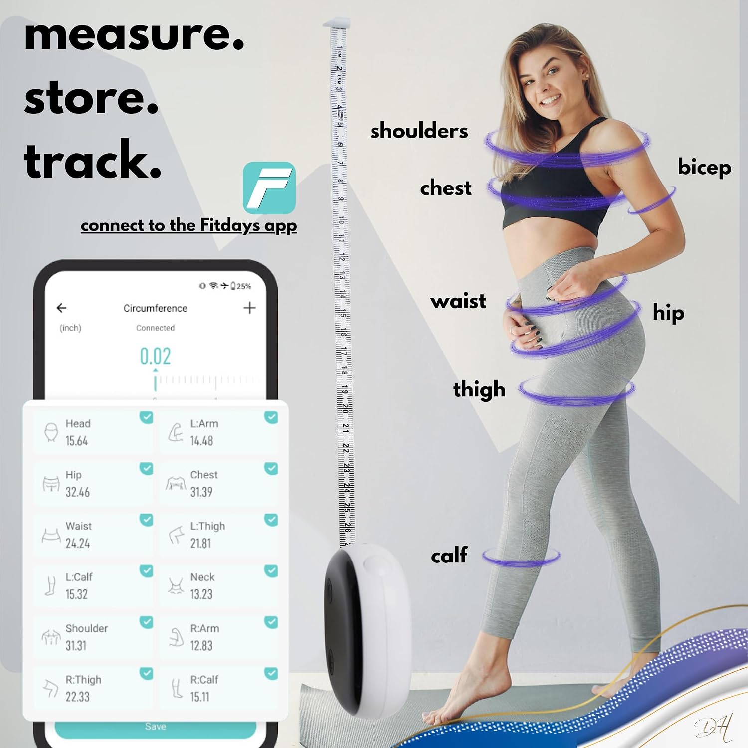 Diamond Hills Rechargeable Smart Body Tape Measure, Measuring Tape For Weight Loss, 60in/150cm, Bluetooth Body Measurement With App, Fitness Measurement Device For Muscle Gain, Waist