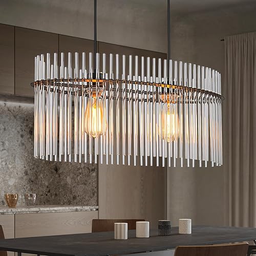 Candelabro moderno de cristal D23.6 de 2 luces, lámpara colgante sobre mesa, lámpara colgante contemporánea, altura ajustable E26 para sala de