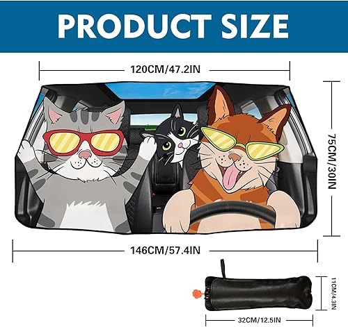 Miniatura 2 de Firiseroh Parasol plegable para parabrisas de automóvil, con diseño de gatos divertidos, parasol plegable para ventana delantera del automóvil,
