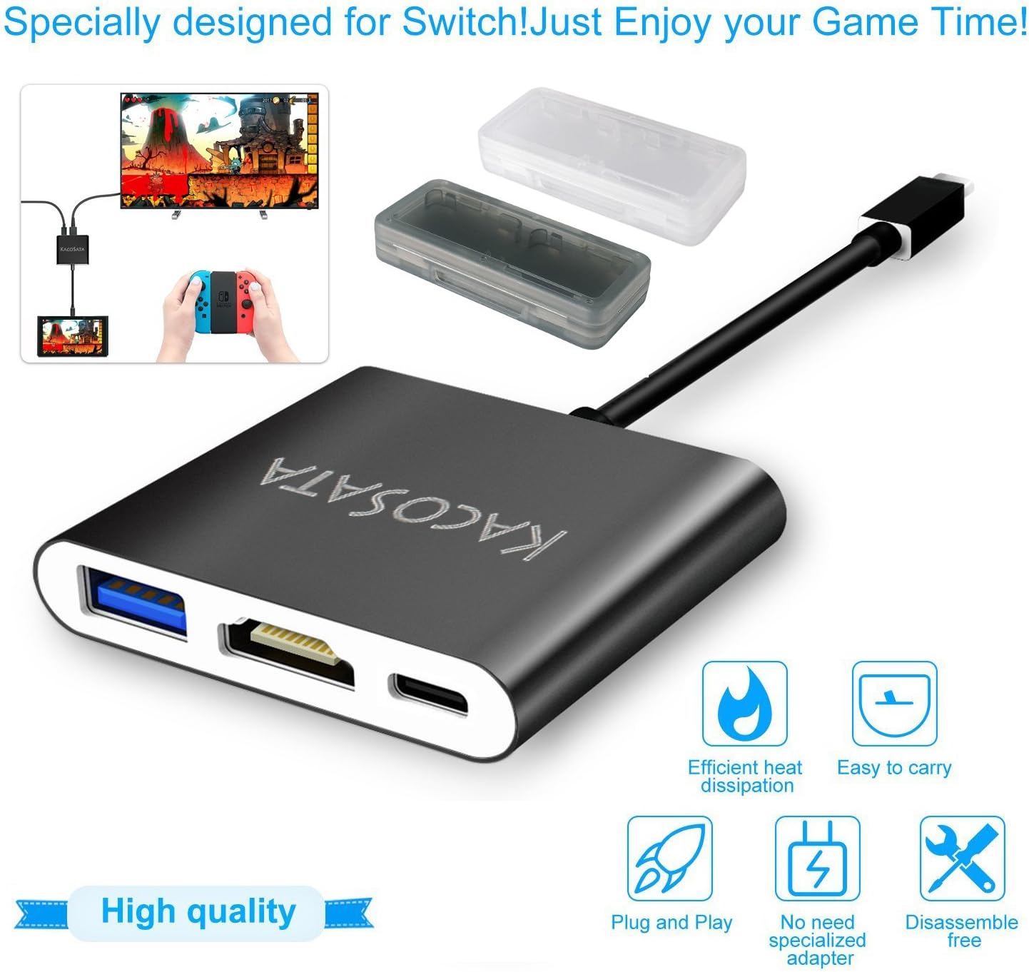 HDMI Type C Hub Adapter for Nintendo Switch, Samsung Galaxy S8/S8P, HDMI Converter Cable for Nintendo Switch 2 Game card box 4 Slot - Transparent