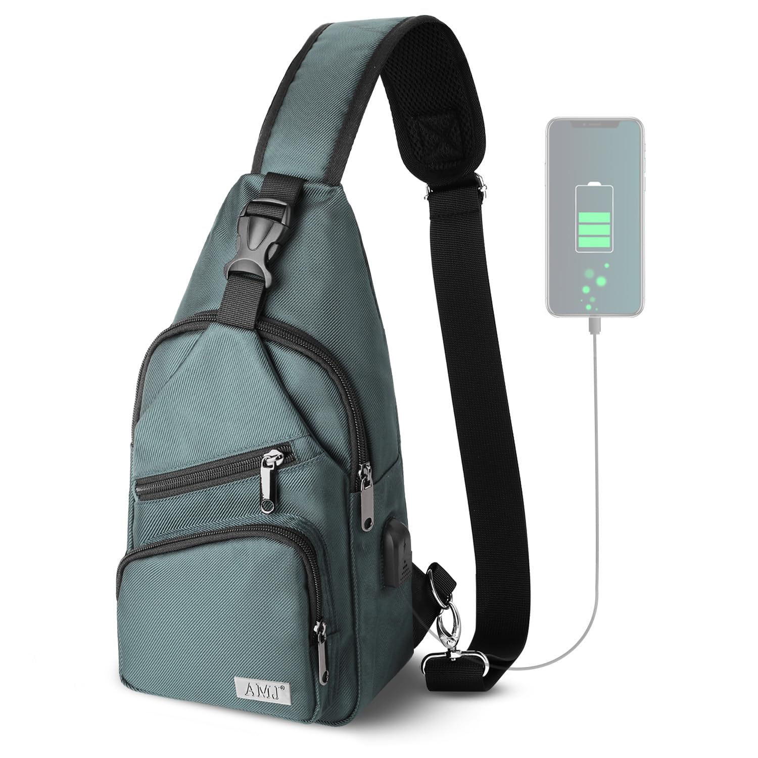 AMJ Crossbody Sling Bag, USB Charging Port Casual Shoulder Chest Bag with Logo Zipper Pulls (Green)