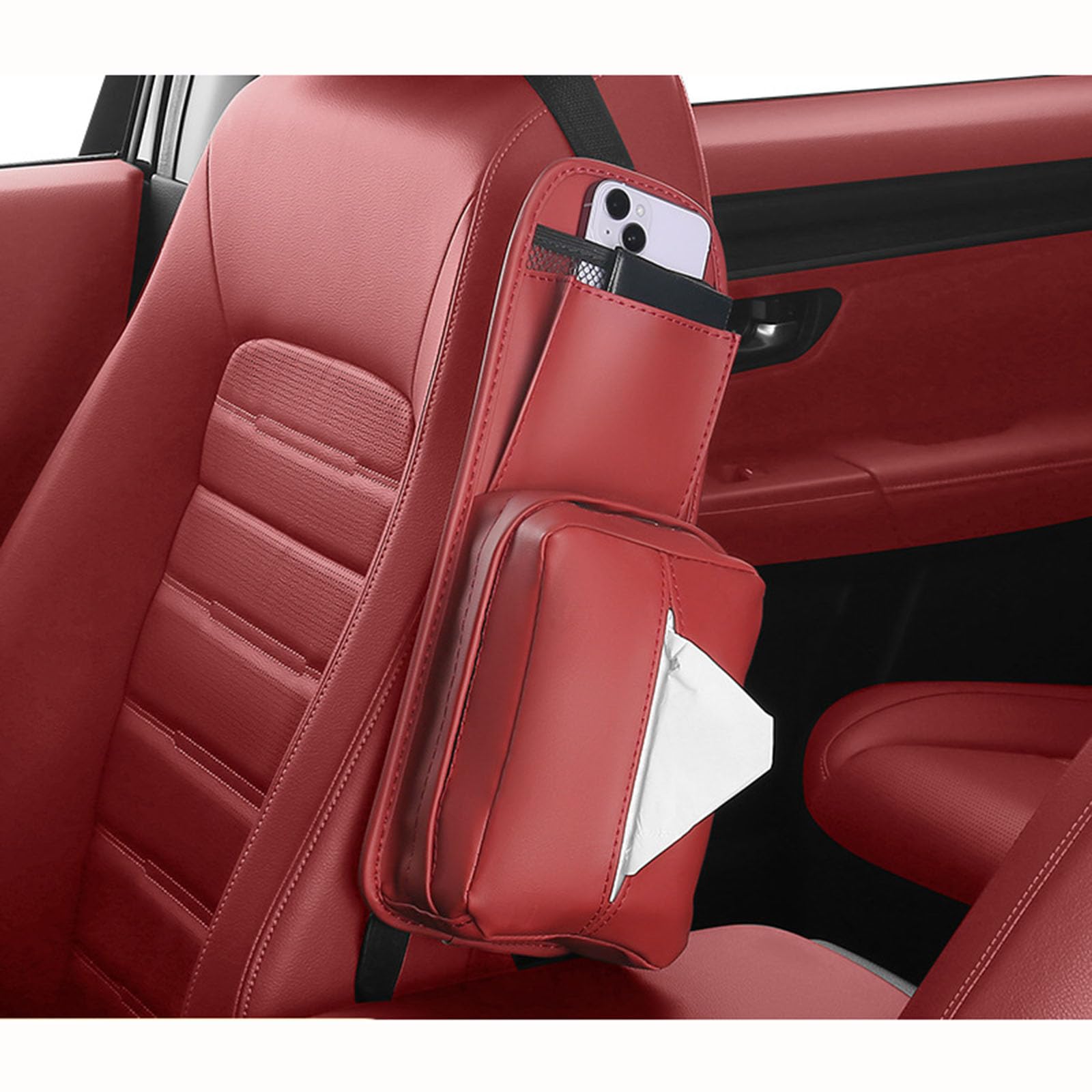 ADUYHCZ Car Seat Side Organizer, For Benz GLC SUV (X253) Glc 200 250 300 300e 350e 300de Leather Car Tissue Holder with Phone Pocket, Premium Seat Hanging Storage Bag,Red