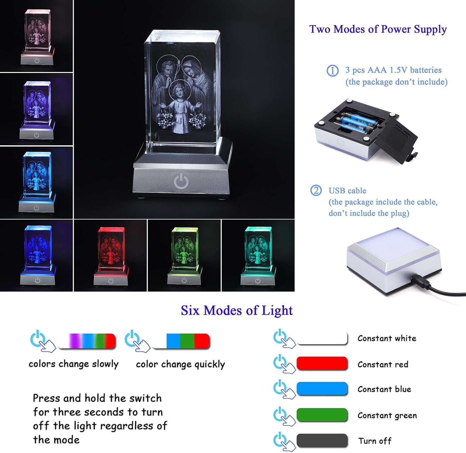 KOMI 3D Holy Family Crystal Statue with LED Light Base Night Light Catholic image 2
