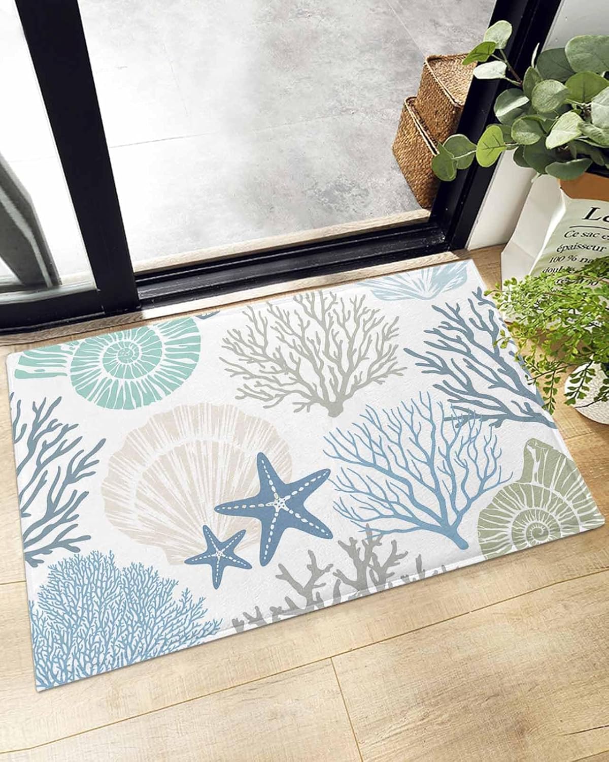 Ocean Coral Starfish Fluffy Bath Rugs 24"x35",Nautical Coastal Shell Shag Door Mat,Non-Slip Shaggy Carpet for Bedroom Bathroom,Blue Teal Soft Shower Bath Rug,Marine Sealife Water Absorbent Shower Mat