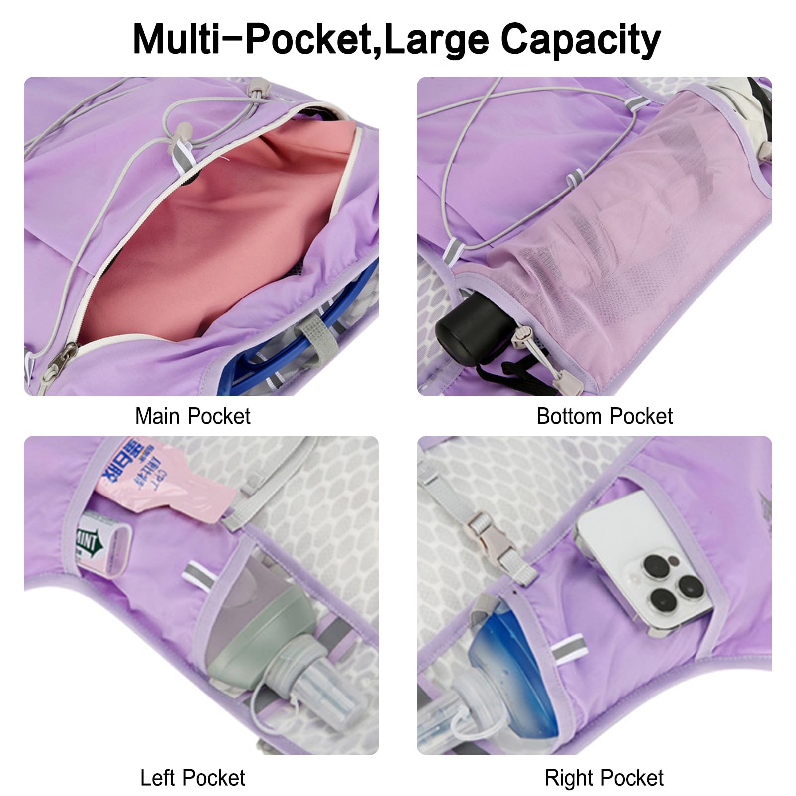 Gilet de Course 5L Léger Gilet Hydratation Réfléchissant Sac à Dos Respirant Sac à Dos d'Hydratation Ajustable pour Hommes Femmes Trail Running Marathon Violet