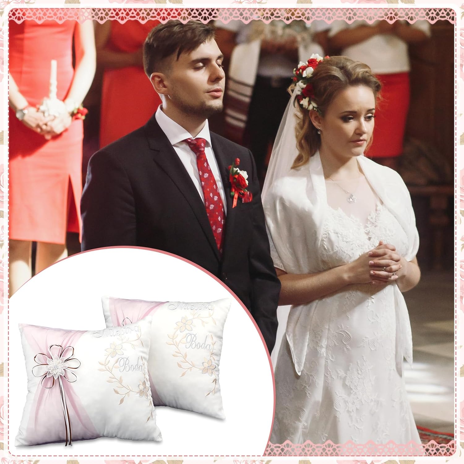 SmoothNovelty Set of 2 Wedding Kneeling Pillows Cover, 17 x 15 Inch Embroidered Nuestra Boda Prayer Kneeling Pillows, Cushion Covers Crystal Flower Satin Lace, Decoration for Bodas (Vintage)
