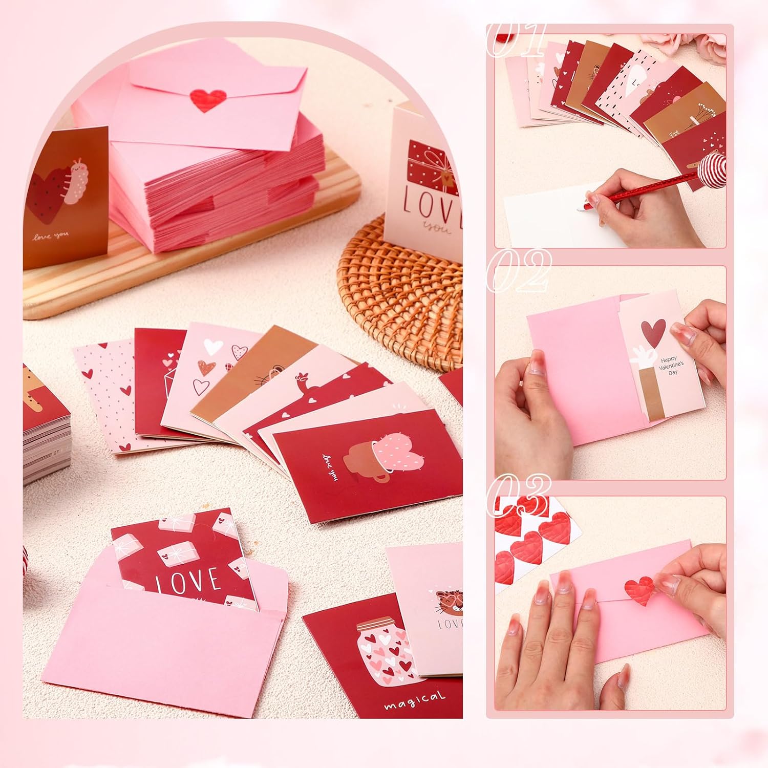 Resurhang 240 Pcs Mini Valentine's Day Cards with Envelopes Bulk for Classroom Kids Greeting 3.5 x 2.4'' Foldable Love Heart Greeting Wedding Card with Envelopes Stickers for Valentines Day