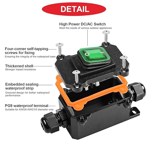 Miniatura 3 de MKBKLLJY 2 interruptores de cable en línea de 12 V CC 20 A, IP66, interruptor impermeable DPST 4 pines, 2 posiciones de encendido y apagado,
