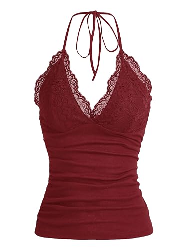 MakeMeChic women's burgundy lace halter top