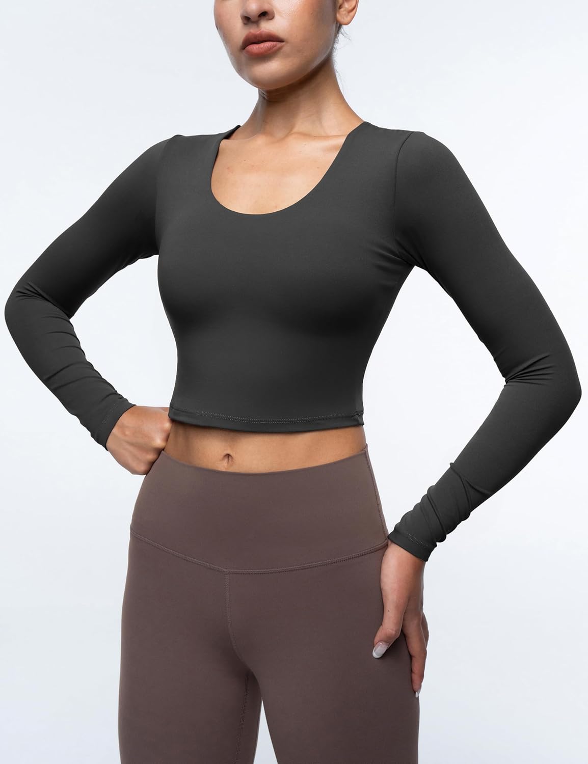 Womens Long Sleeve Shirts Workout Crop Tops Yoga Tee Built in Bra Mild Support Cream Feeling Athletic Top U-Neck - Image 2