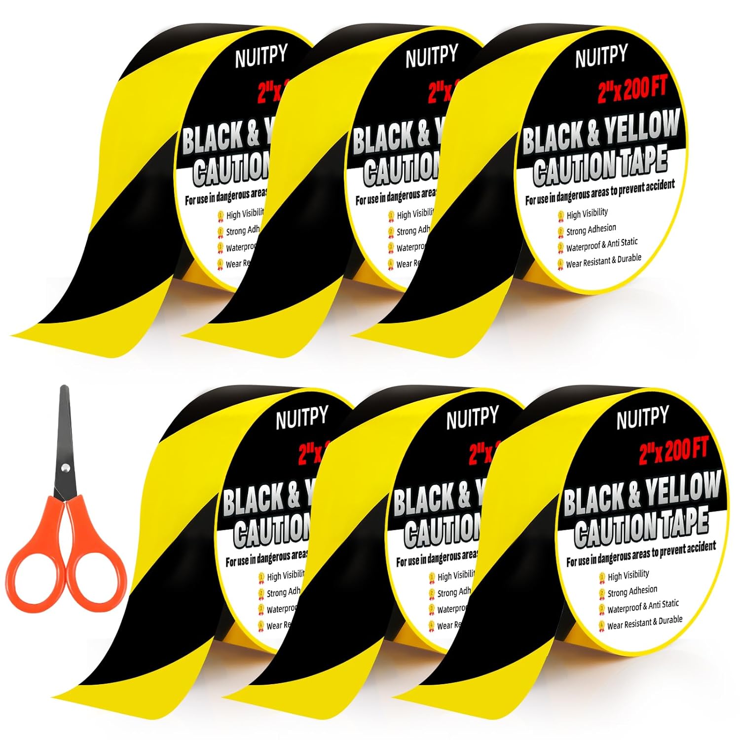6 Roll Black & Yellow Caution Tape, 2'' x 1200 FT Total Length Safety Tape, Black & Yellow Floor Marking Tapes, High Adhesive Hazard Tapes for Floors, Walls, Staircase, Equipment, Dangerous Area