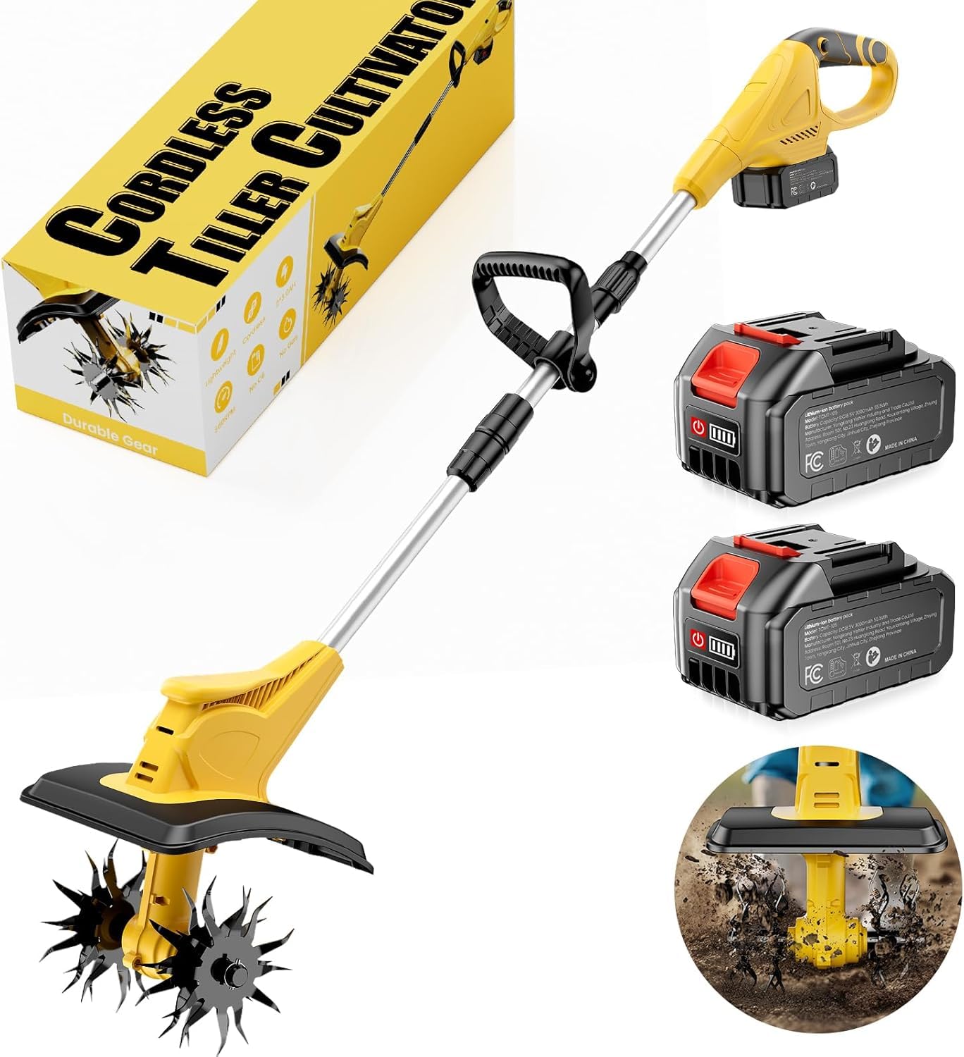 21V Cordless Garden Tiller Cultivator - 360 Max RPM, 9.06" Width, 6.3" Depth, Includes 2 Batteries & Charger