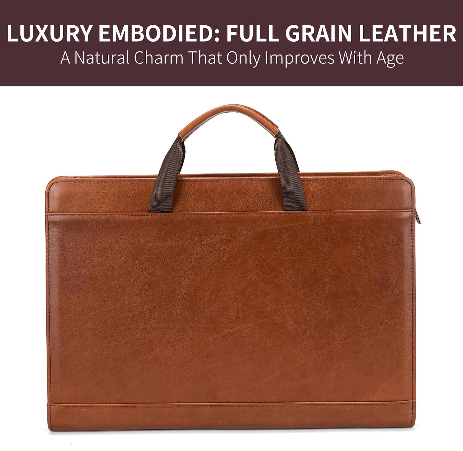 Genuine Leather Padfolio for Legal Size (8.5 x 14”) Pad, Clipboard Portfolio with Handle, 15” Laptop Holder, Zippered Organizer Contractor Folder with Pen Loops for Women Men, Brown, Oil Tanned