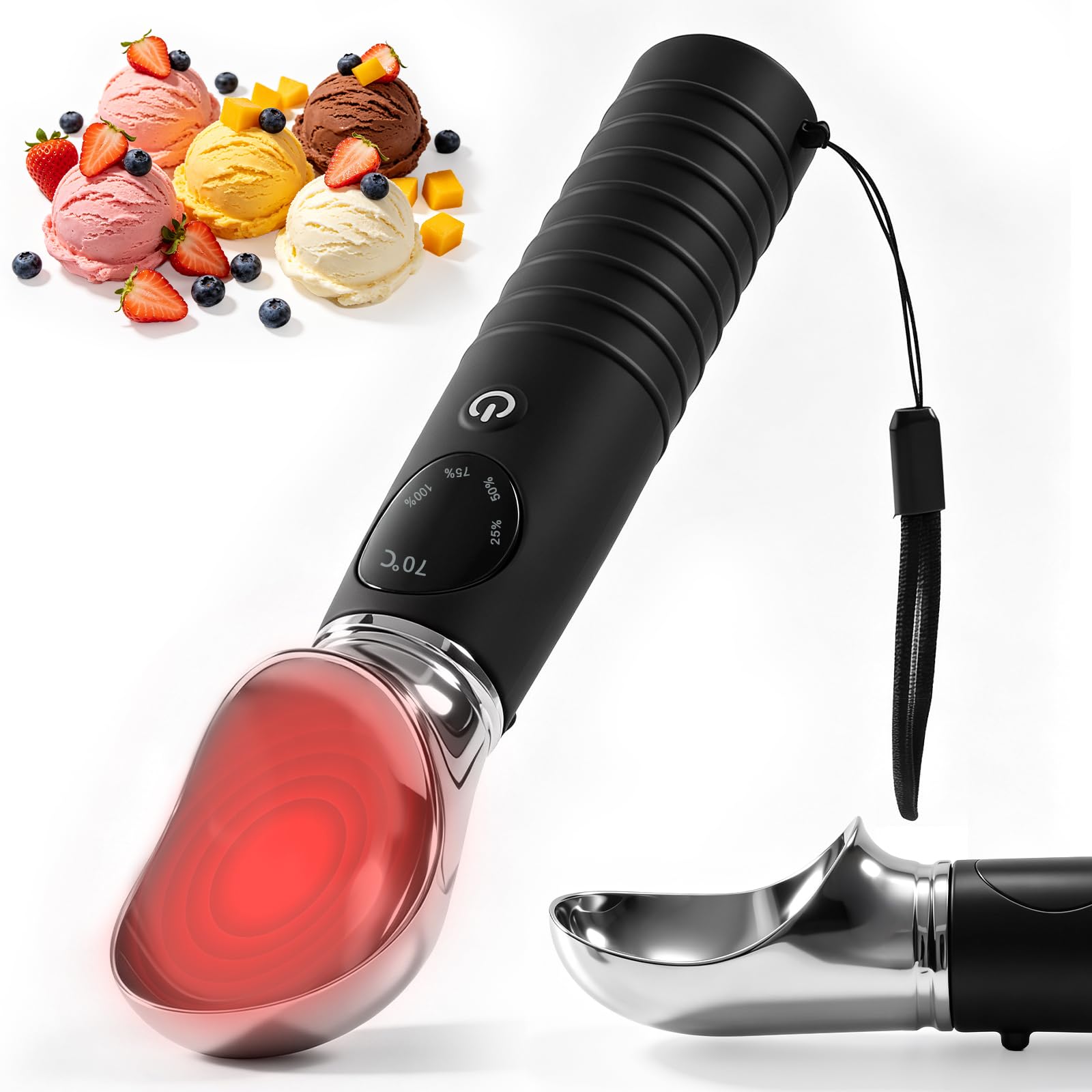 Yizhet Beheizter Eisportionierer Edelstahl Heizbarer Eislöffel mit 4 Temperaturstufen 40/50/60/70 ℃, Wiederaufladbar, 2500mAh LED-Display Selbstheizende Eiskugelzange für Hartes Eis Gelato, Schwarz