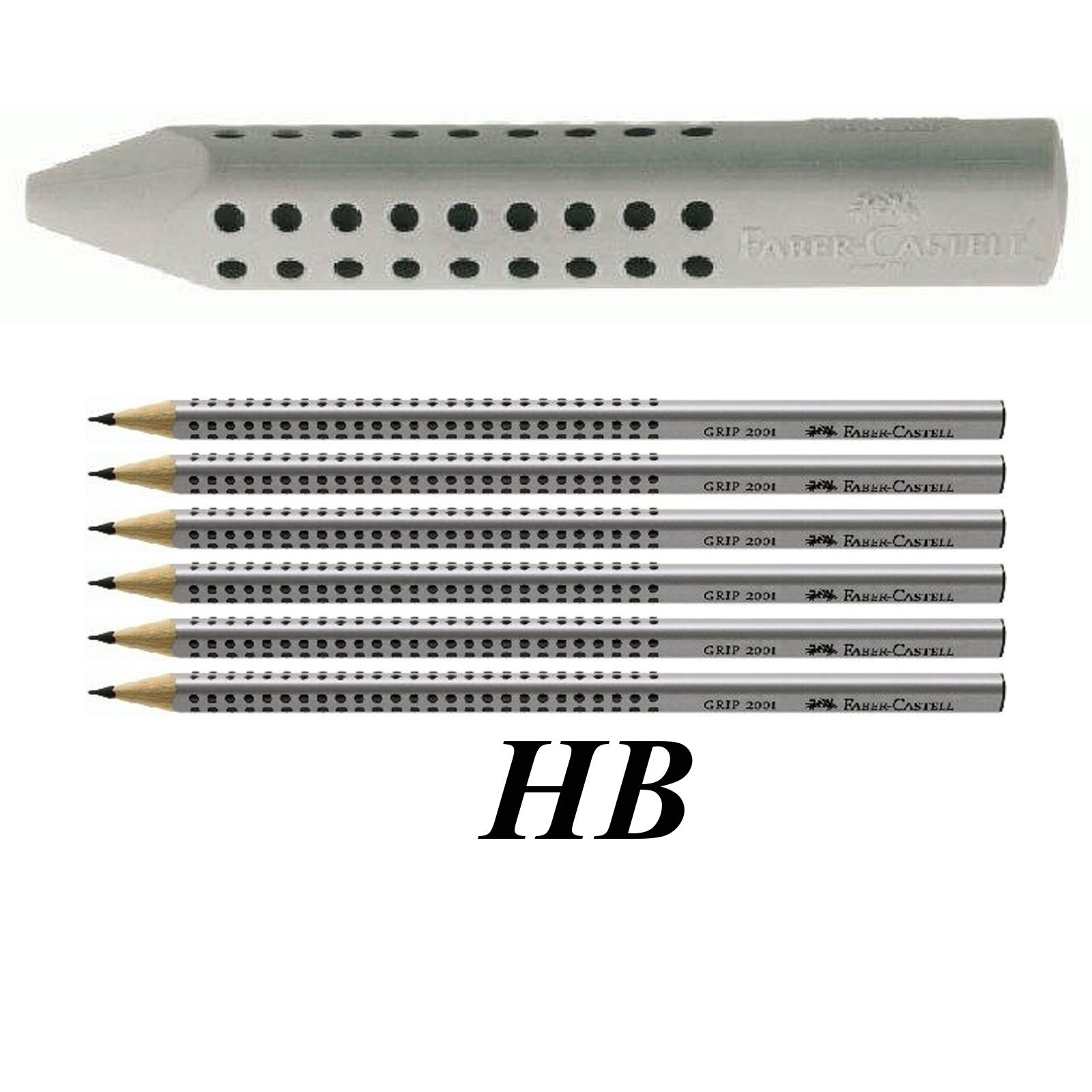 Faber-Castell Grip 2001 187100 Triangular Rubber - Grey, grey, Radierer + 6 Bleistifte HB