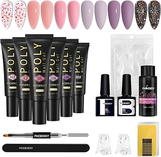 Phoenixy Kit Gel de Extensión de Uñas 6 Colores 15 ML Kit Uñas de Gel con Base y Top Coat Lima de Uñas y 30 ML Slip Solution Poligel Kit Principiante Morado, Rosa, Negro
