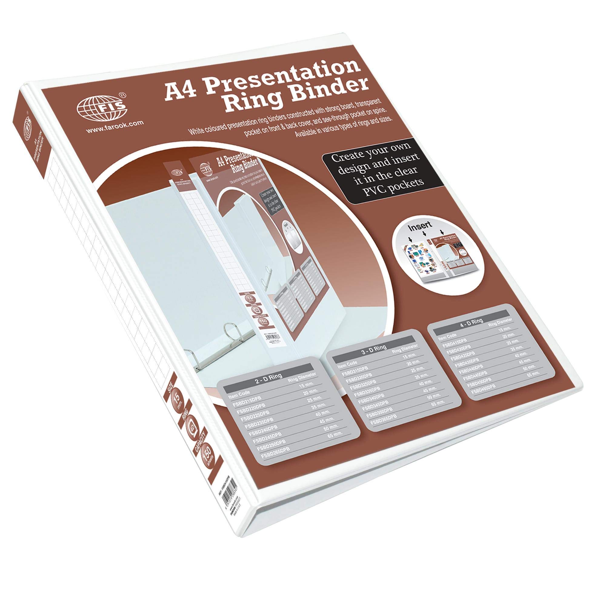 FIS® Presentation Binder, A4 Size(210x297mm), 4[D]Ring Type, 15mm Ring Size, 1.25" Inches Spine with Clear PVC Pocket For Easy Insert Your Label Design, 1 Piece, White Color-FSBD415DPB