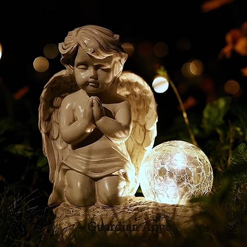 Miniatura 2 de Foreby Decoración de ángel, estatua de querubines rezando, decoración de jardín con globo solar de cristal agrietado para decoración de césped y