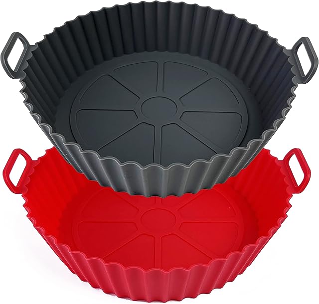 EATO Air Fryer Silicone Liners Set of 2 Air Fryer Liners Pot Reusable Silicone Liners for Cooking, Baking, Oven Safe Replacement of Flammable Parchment Liner Paper (Grey+Red)