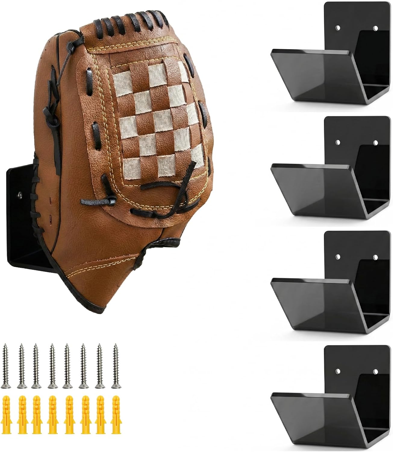 4-Pack Baseball Glove Wall Mount - 5mm Thick No-Scratch Black Acrylic Holders for Baseball & Softball Mitts - Heavy Duty Display Rack with Screws & Anchors Included