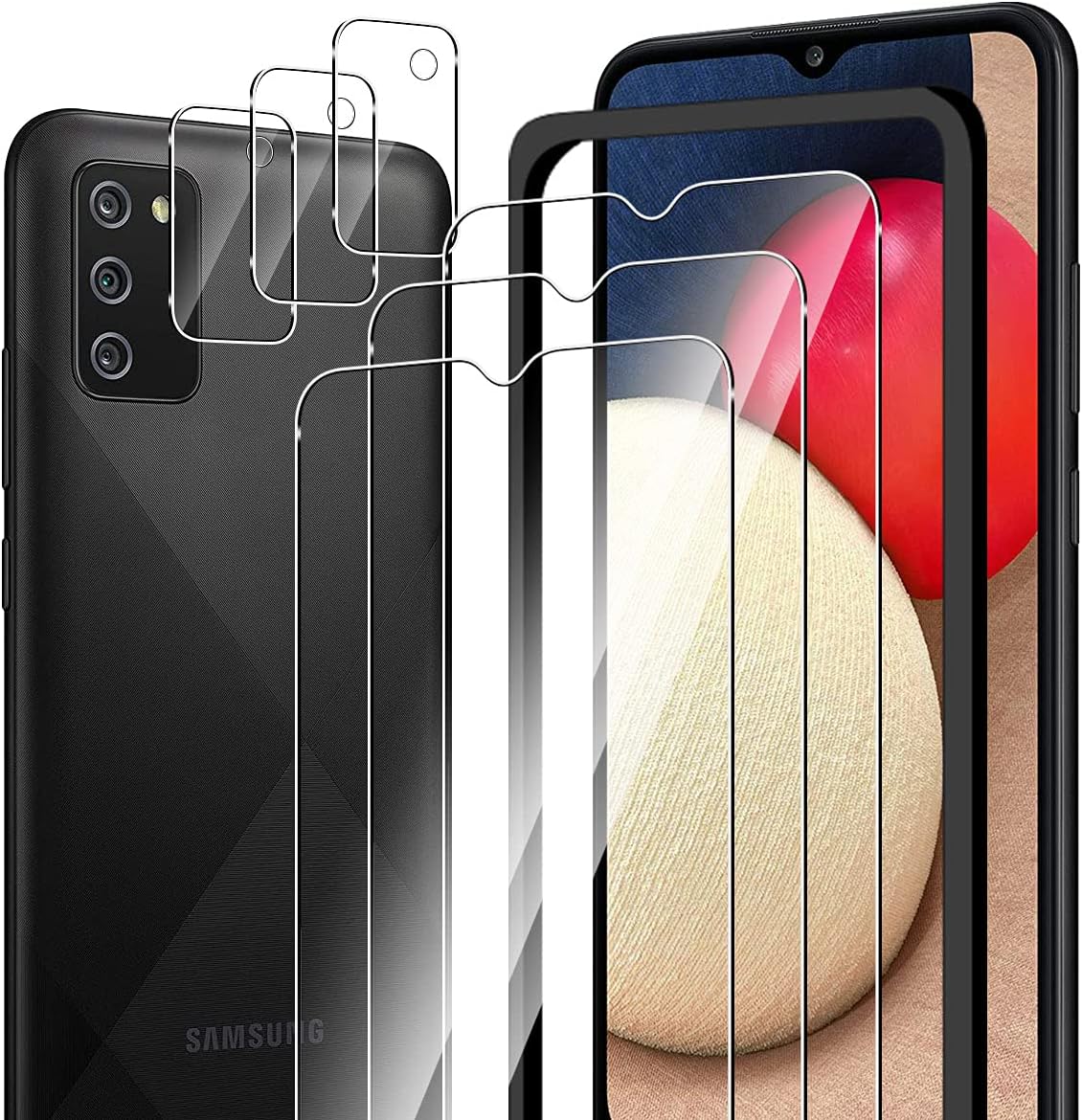 ELYCO Compatible with Samsung Galaxy A02s Screen Protector, 3 Pack Tempered Glass + 3 Pack Camera Lens Protector, 9H Hardness Anti-Scratch Tempered Glass Film, HD Clear Bubble-Free Screen Protector