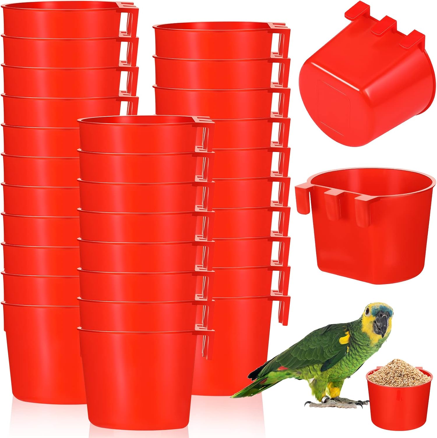 30 Pcs Cage Cups Birds Feeders Bird Water Dispenser Hanging Quail Waterer Plastic Chicken Feeding Watering Dish for Small Coop Parrot Parakeet Pet Poultry Pigeon Food Seed Bowl Supplies, Red