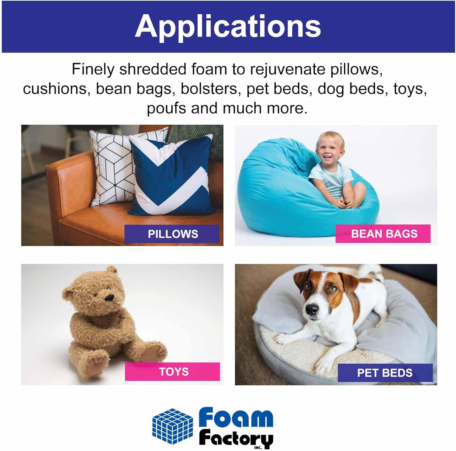 Foam Factory Inc Shredded Foam Bean Bag, 30lb* (*Approx.), Filling Refill, Finely Shredded, Made in the USA - Great for Bean Bags, Pillows, and Pet Bed Filler, Multi-Color - Image 5