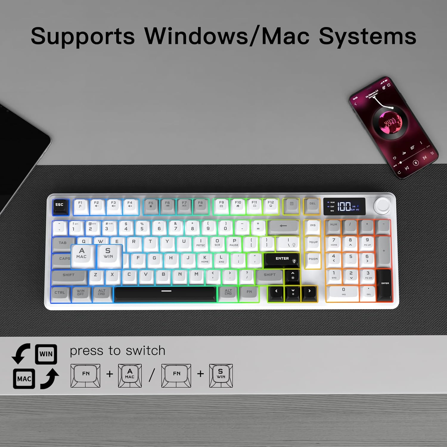 Wireless Gaming Keyboard with Smart Display & Knob Control, Tri-Mode BT5.0/2.4GHz/Wired RGB Backlit Computer Keyboards with Number Pad, 26-Key Rollover, Compatible for Windows, Mac