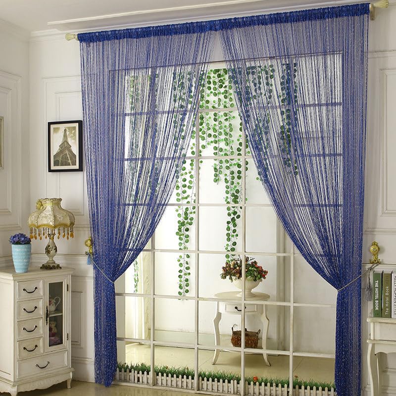 Hummcqit 2pcs Door String Curtain Silver Thread Curtain Decorative Door Curtain Encrypted Wedding Curtain Living Room Hanging Curtain Screen Tassel Curtain Partition Curtain (Royal Blue,1 * 2M)