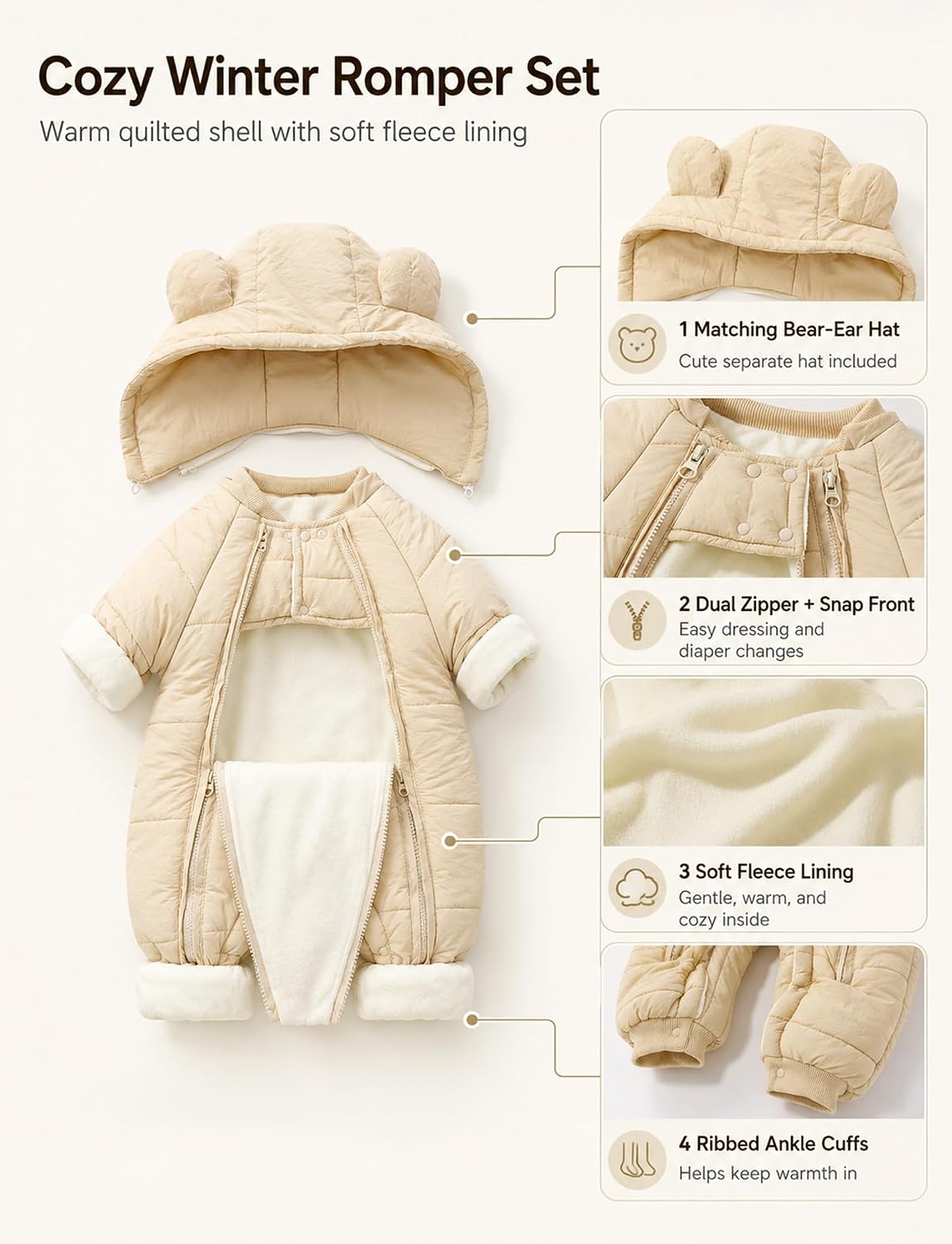 SEAUR Baby Boys Girls Winter warm Snowsuit Toddler Cute Bear-Ear Hood Jumpsuit Romper Overcoat for Newborn