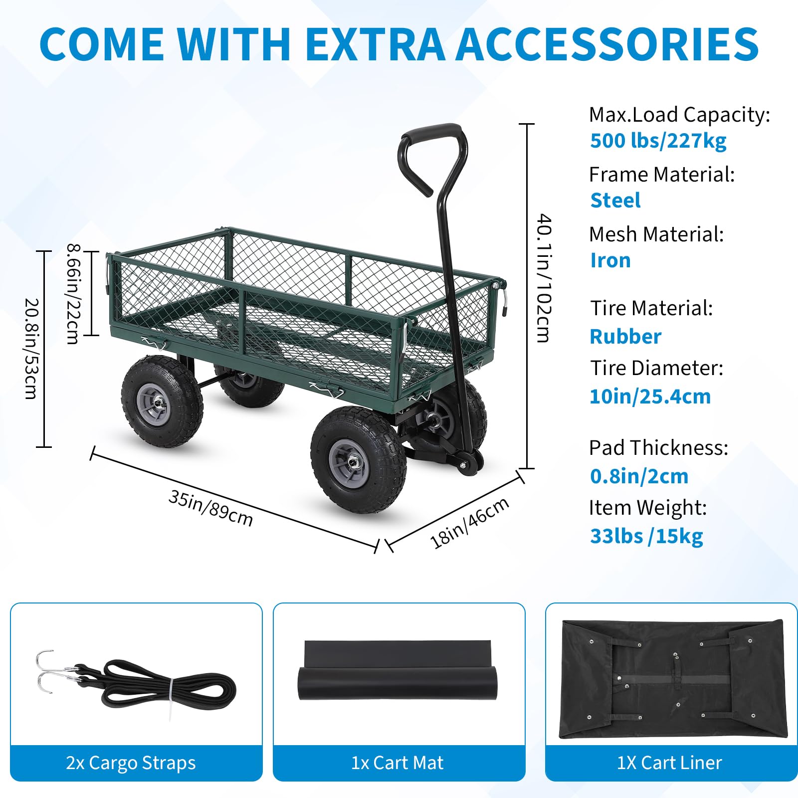 Chariot de Jardin Robuste en Acier – Plateau Pliable Multifonction – Côtés Amovibles – Roues pneumatiques 25 cm – Poignée 2-en-1 – Capacité 225 kg – Idéal pelouse, Plage, paysagisme – Vert,