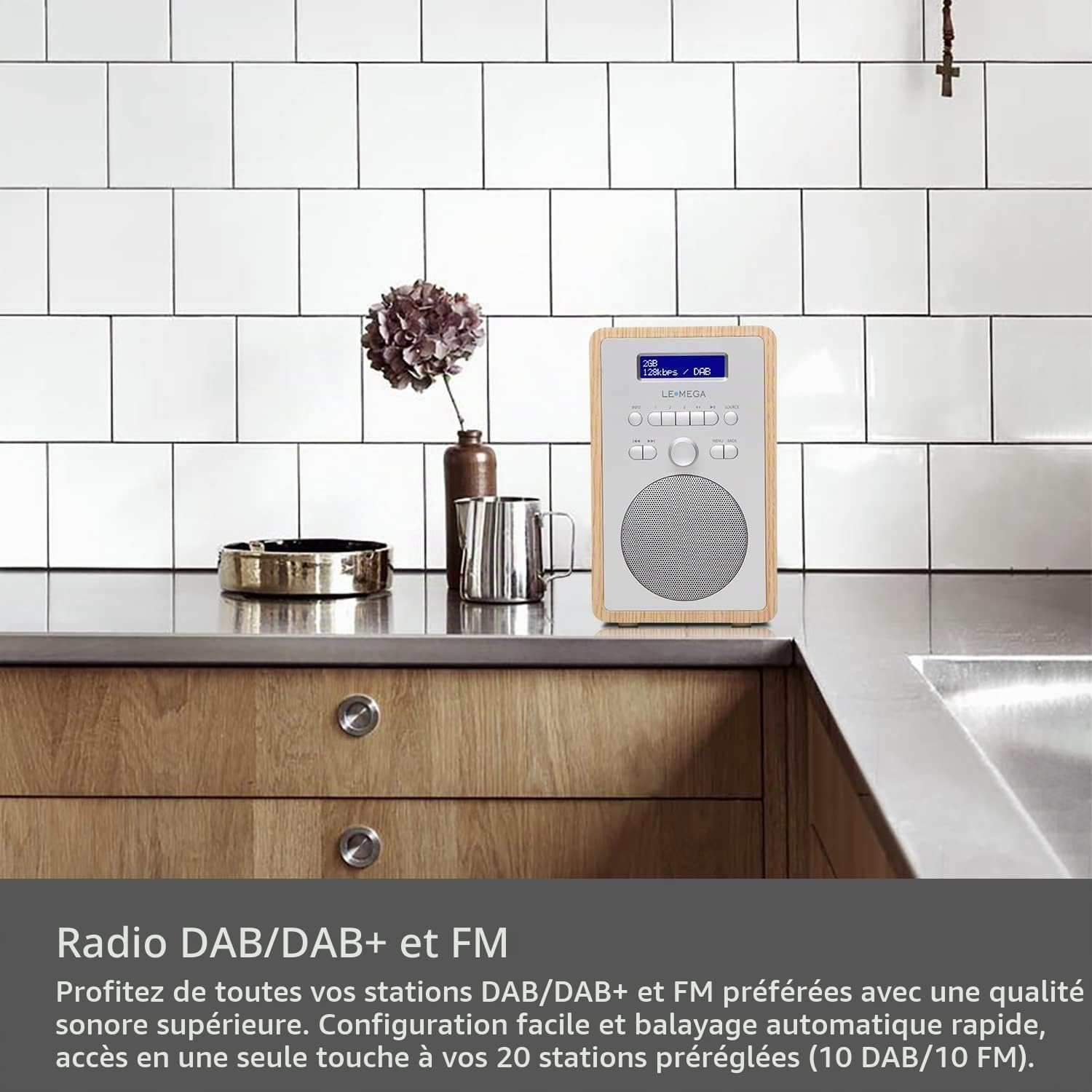 LEMEGA CR2 + Radio numérique Dab/Dab+/FM, boîte en Bois,Double Alarme et Horloge, Veille/répétition,20 Stations préréglées,Casque de Musique,Adaptateur Secteur — Weiße Eiche Finition Chêne