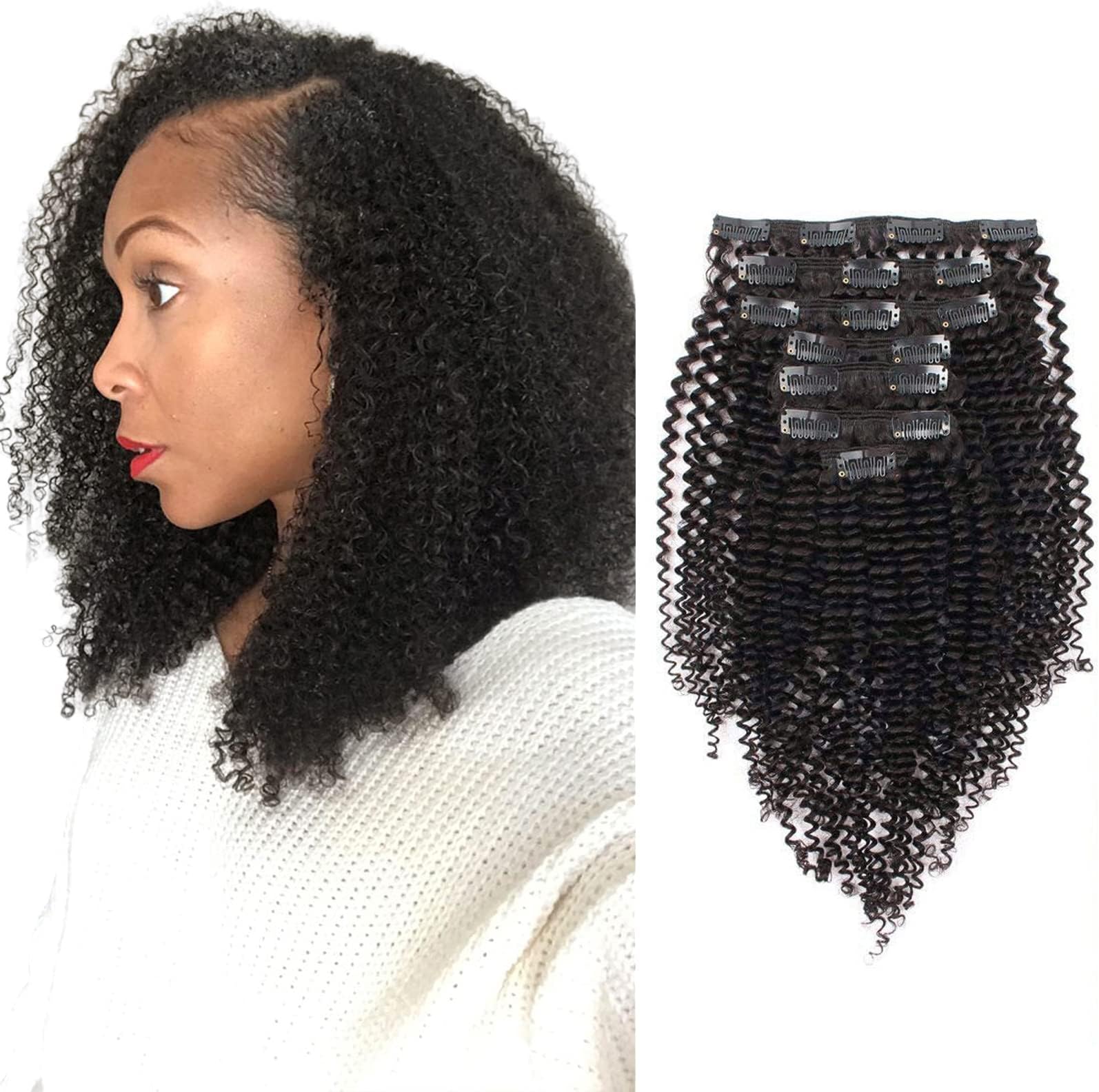 Kinkys Curly Clip in Hair Extensions 3C and 4A Double Wefts Real Remy Human Hair Curly Clip ins for African Americans 120 Grams, #1B Natural Black 14 Inch