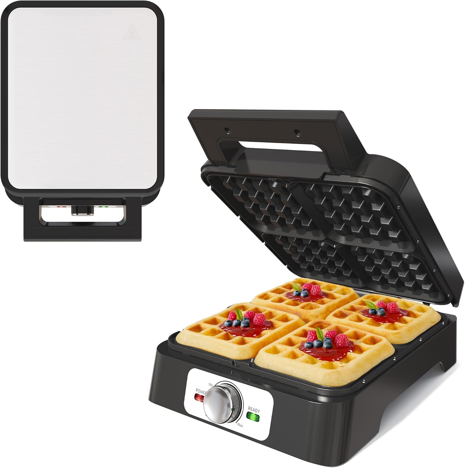 4 Slices Belgian Waffle Maker, Electric Waffle Machine with Adjustable Browning Control, Stainless Steel Waffle Iron with Nonstick Plates Easy Cleanup, Breakfast Maker for Families, Silver