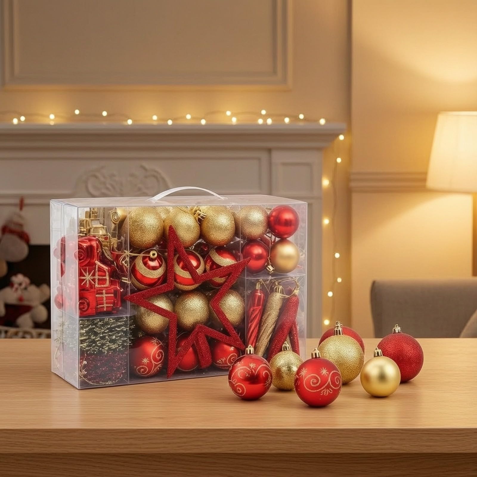 102 Stück bruchsicher Weihtsbaumdeko | Vielseitige Mischung, Christbaumkugeln mit Baumspitze-Gold, Weihtskugelnset, Familien