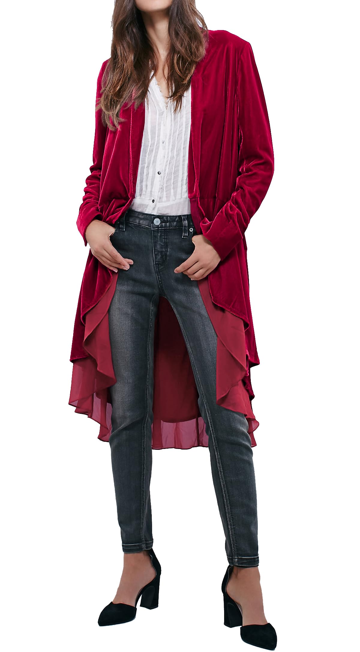 R.Vivimos Autumn Winter Women Velvet Ruffle Coat Casual Vintage Long Jacket Collarless Classic Swallowtail Hem Blazer(Medium,WineRed)