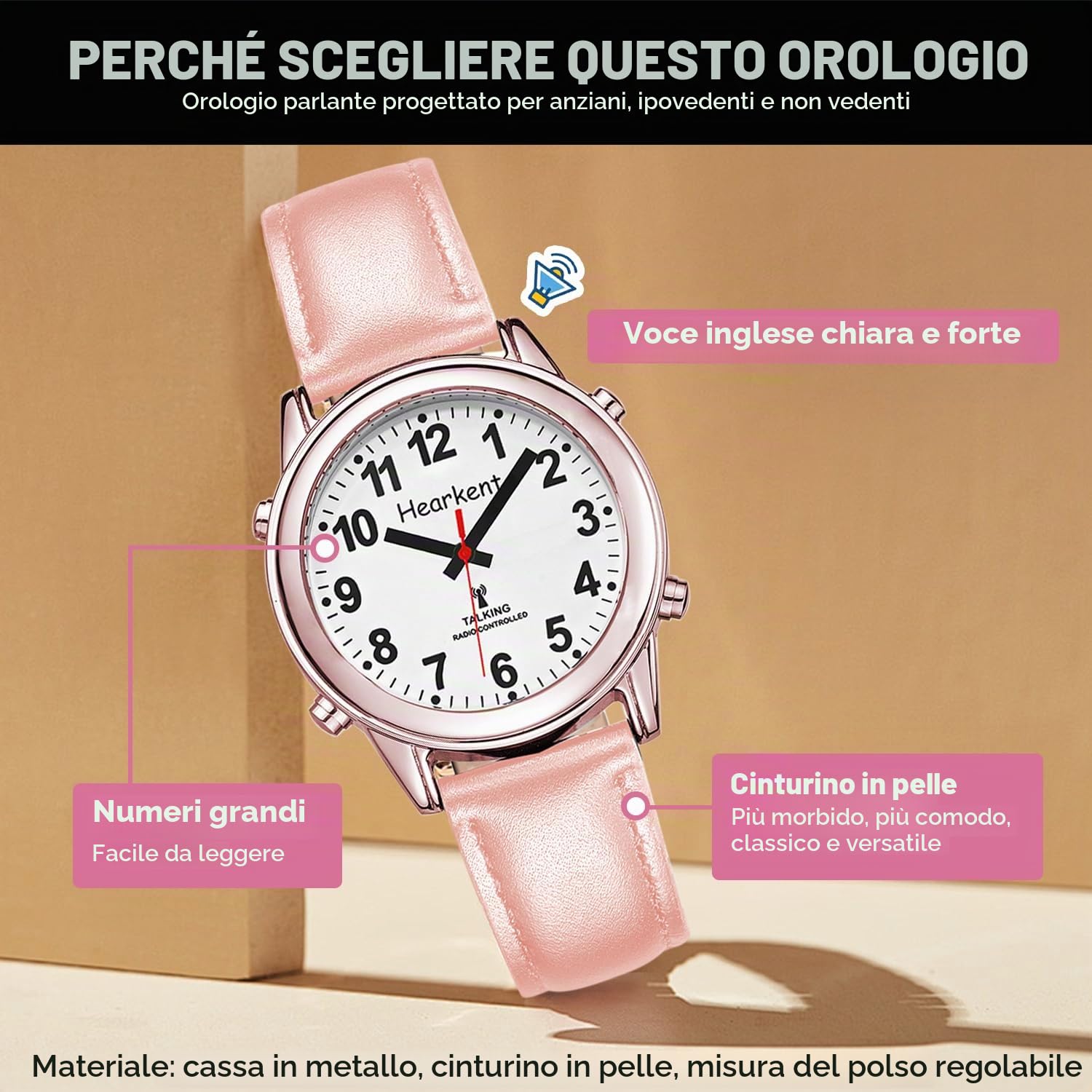 Hearkent Atomic Talking Watch with Large Numbers and Expandable Strap Self-Setting for Visually impaired Blind or Elder People