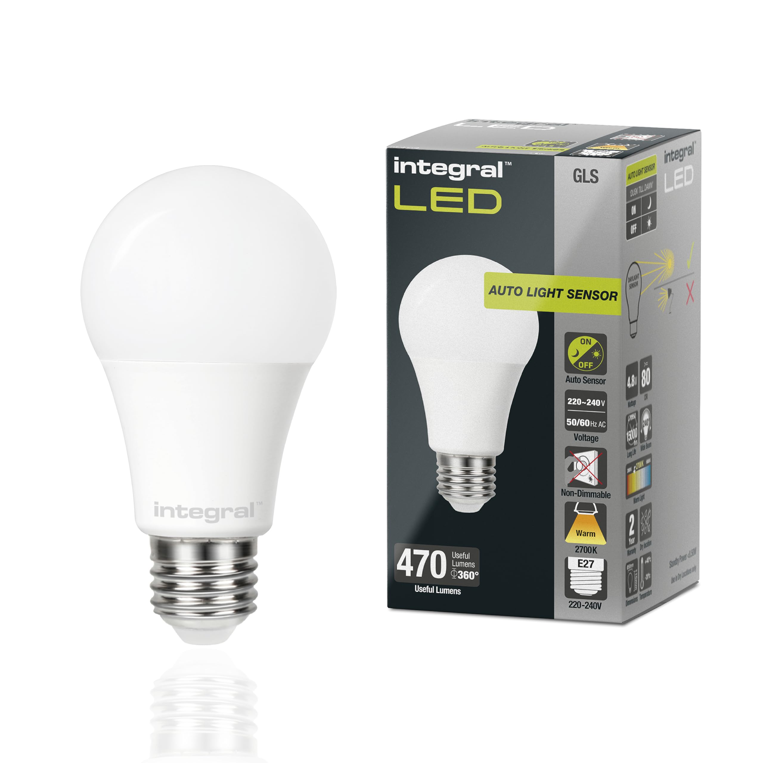 Integral LED 2 Pack E27 Non-Dimmable Dusk to Dawn Dual Sensor Frosted GLS Bulb – Warm White 2700K, 470lm, 4.8W (40W Equivalent) - Energy efficient & Ideal for Outdoor, Porch, Garage, Garden