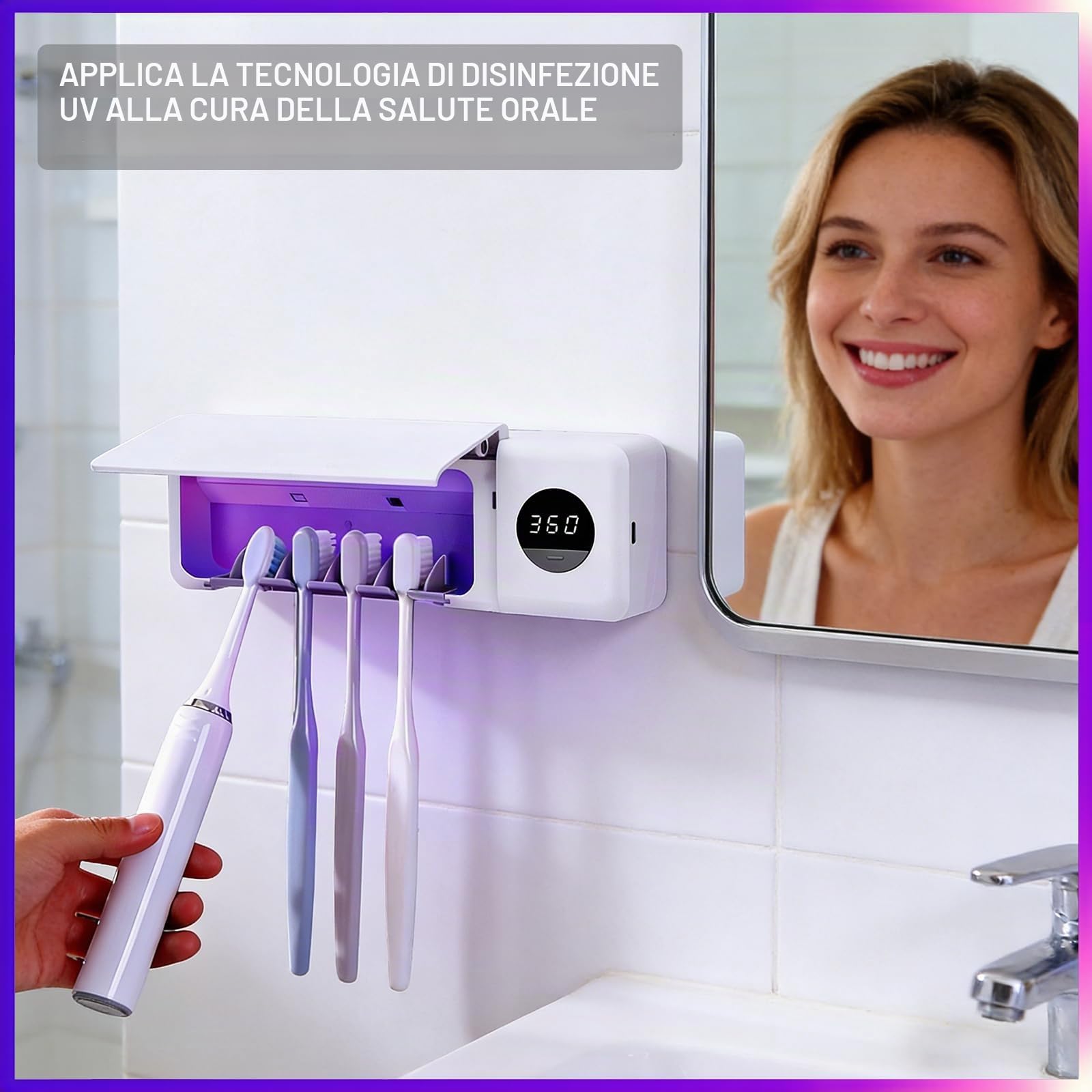 Porta Spazzolino, Sanificazione UV Portaspazzolini da Bagno, Funzione Timer e Lampada di Sterilizzazione, 2000 mAh Ricaricabile Portaspazzolino per Bagno, Lavanderia