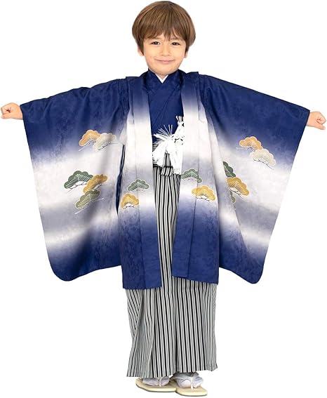 大人気 仕立て上がり 七五三 男児用 No 5 黒 鷹 ３ ５歳用 袴は縞 黒の着物と羽織 祝着フルセット 和服