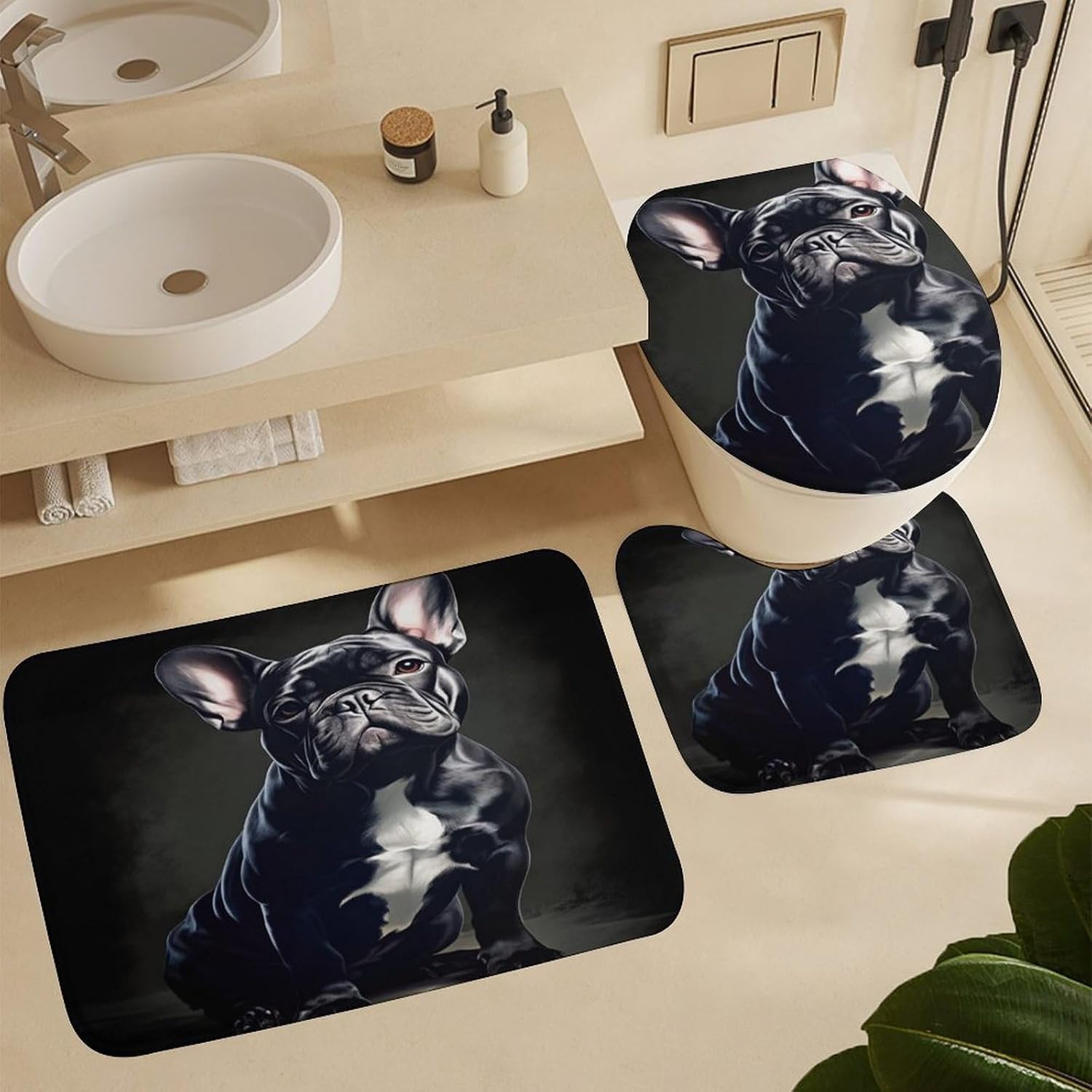 French Bulldog Black and White Portrait 4 PCS Bathroom Set with Shower Curtain Rugs, Ultra Soft Coral Fleece Bath Mat, U-Shaped Rug, Toilet Lid Cover, 72" X 72"