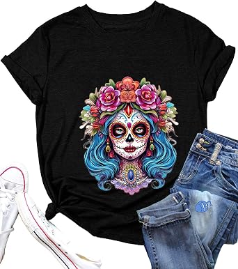 Day of Death T-Shirt for Women Mexican Holiday Women Sugar Skull Face Graphic Halloween Tee
