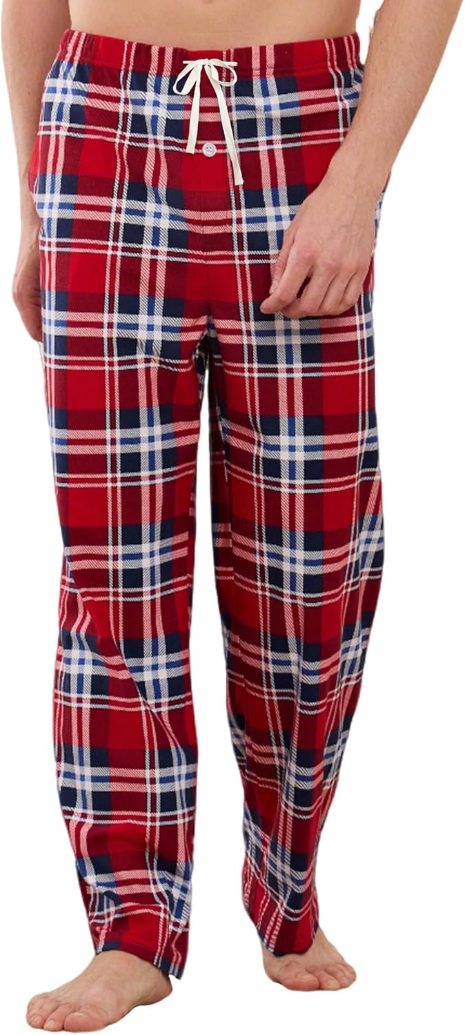 Vulcanodon Mens Soft Plaid Pajama Pant, Fleece Lightweight Sleep Lounge Bottoms with Pockets and Button Fly