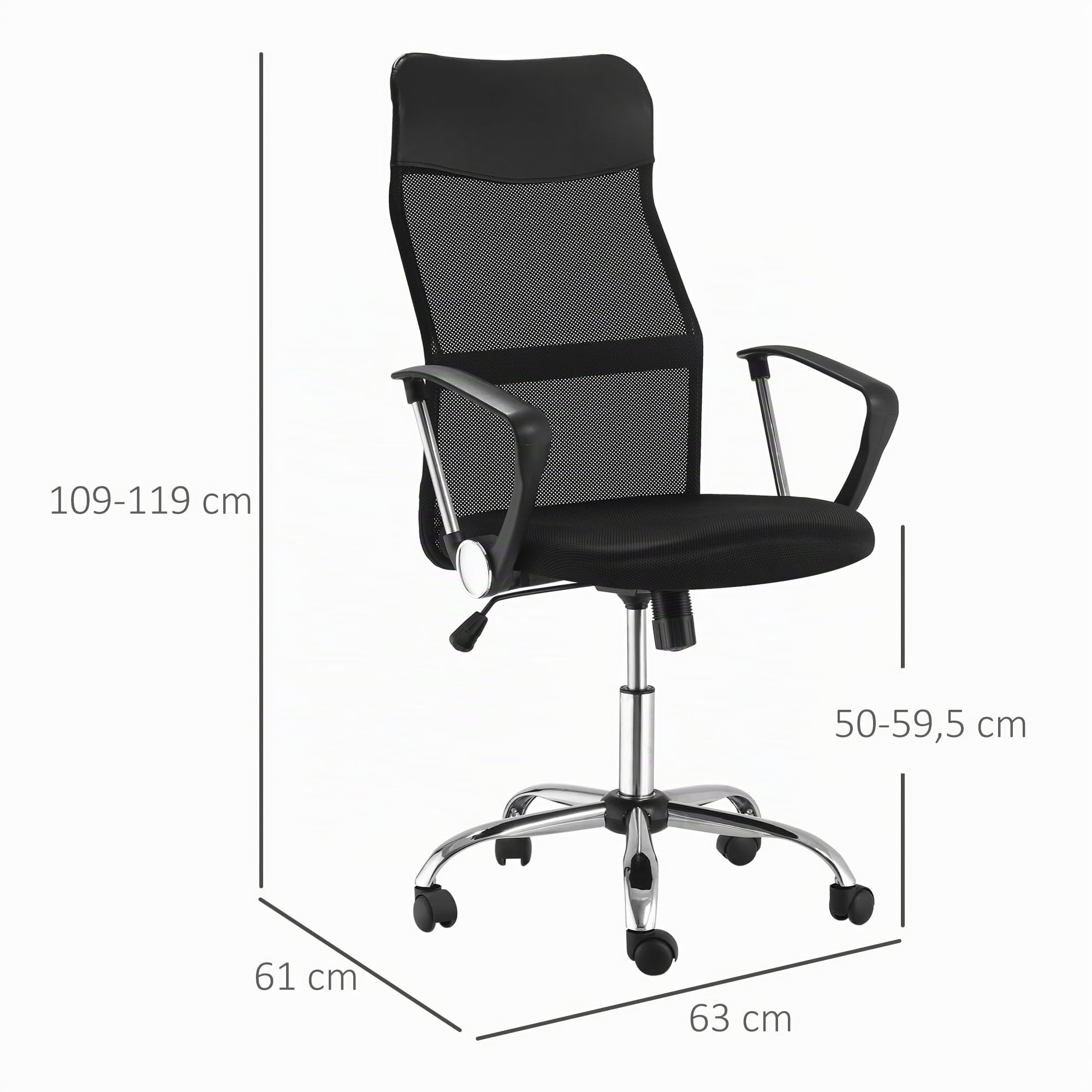 HOMCOM Bürostuhl Ergonomischer Schreibtischstuhl mit Armlehne Schwarz | Hohe Rückenlehne, Höhenverstellbarer Drehstuhl mit Wippfunktion, Netzbespannung, Computerstuhl