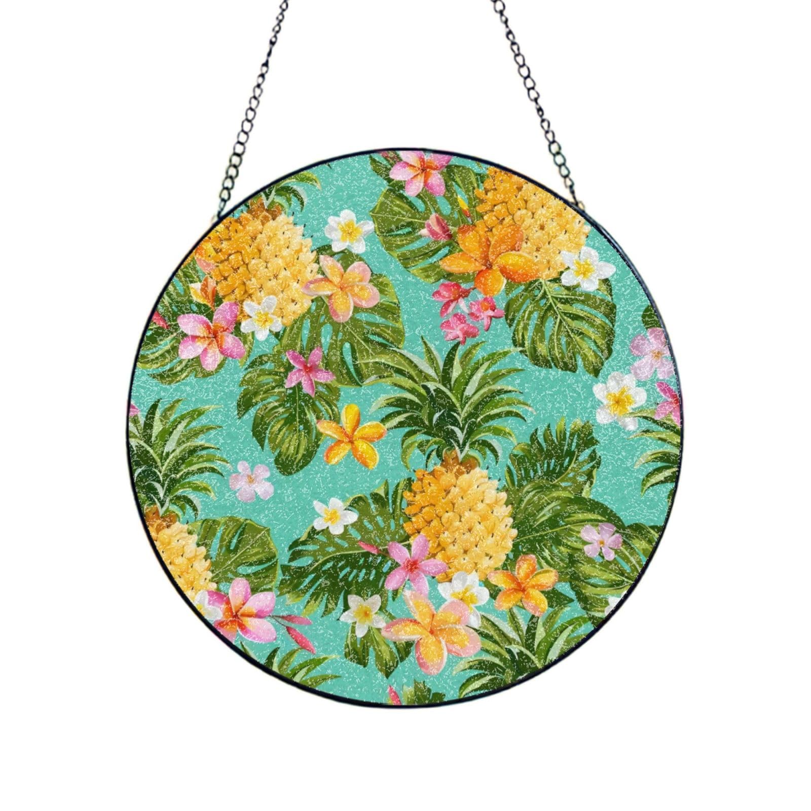 Poezjzw Stained Glass Window Hanging - Tropical Fruit Pineapple Sun Catcher For Door Garden Home Decor Christmas Mother'S Day Birthday Gifts 10in（25cm）