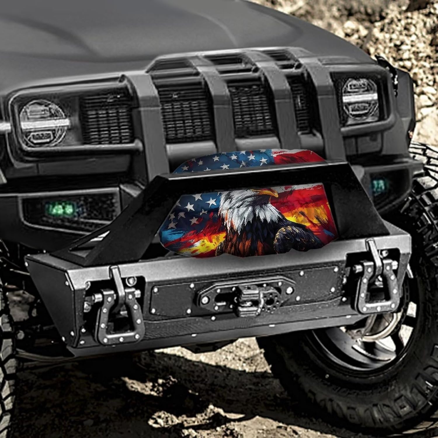 Eagle American Flag Waterproof Winch Cover, Badlands Winch Cover, Breathable Winch Dust Covers, Winch Protection Cover Dust-Proof, UV-Resistant for Electric Winches