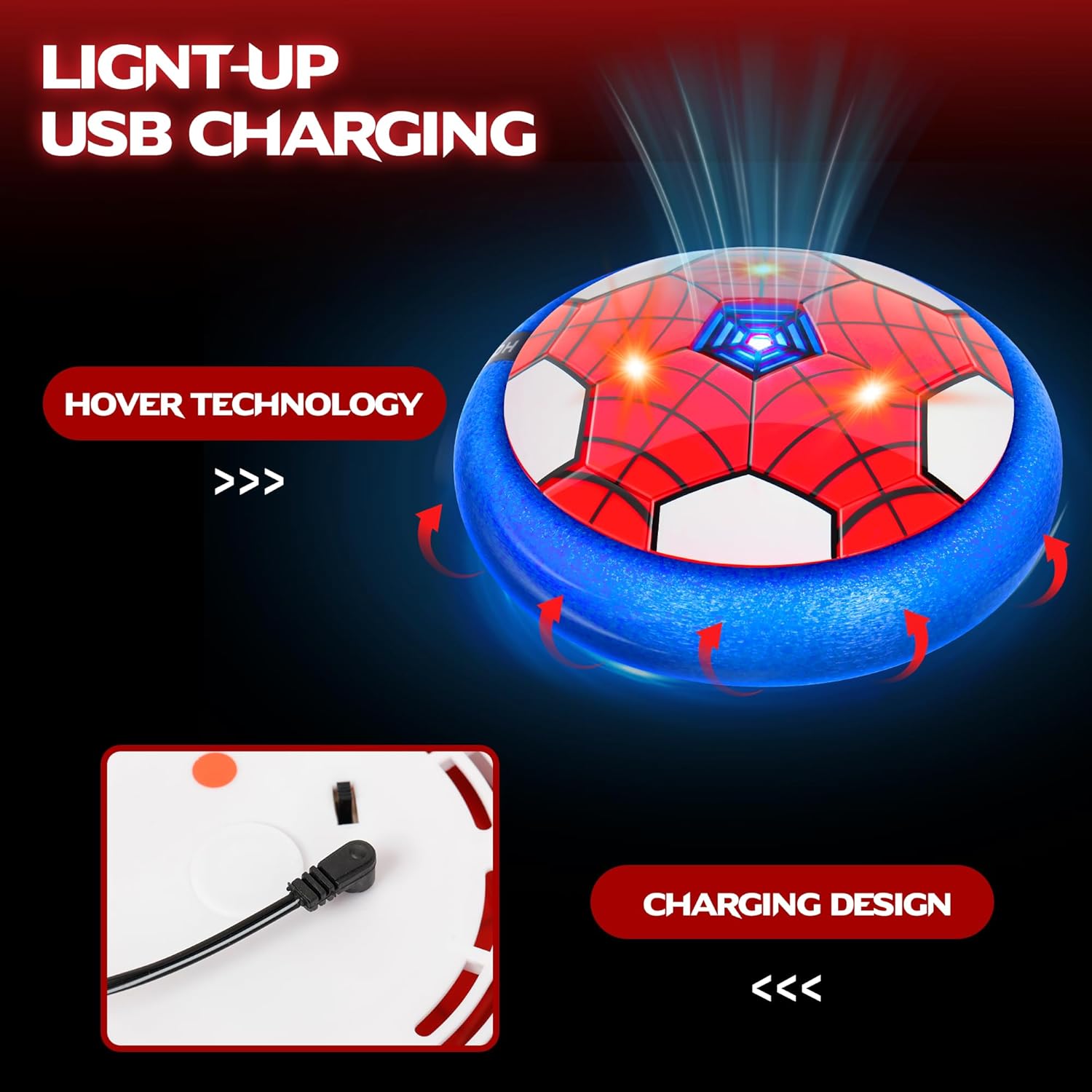 Spider Hover Soccer Ball Toys Set for Kids, 2-in-1 Rechargeable Toddler Air Floating Football Toy Ball with Led Light, Indoor Sports Games Christmas Birthday for Old Boys